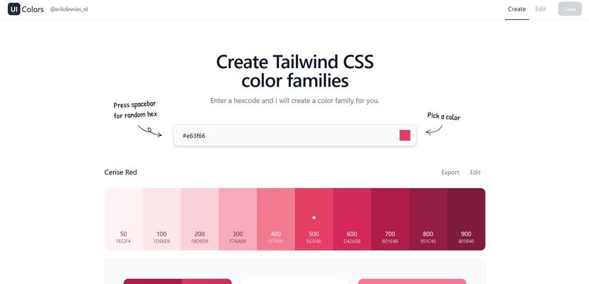 UI Colors demo, showcasing a generated pink/red color palette created with the tool